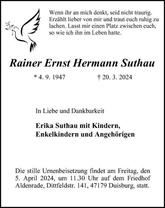 Traueranzeige von Rainer Ernst Hermann Suthau von Tageszeitung