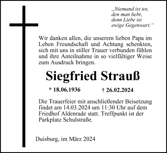 Traueranzeige von Siegfried Strauß von Tageszeitung