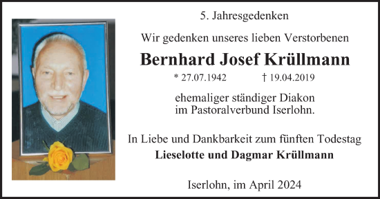 Traueranzeige von Bernhard Josef Krüllmann von Tageszeitung