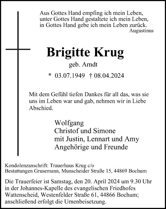 Traueranzeige von Brigitte Krug von Tageszeitung