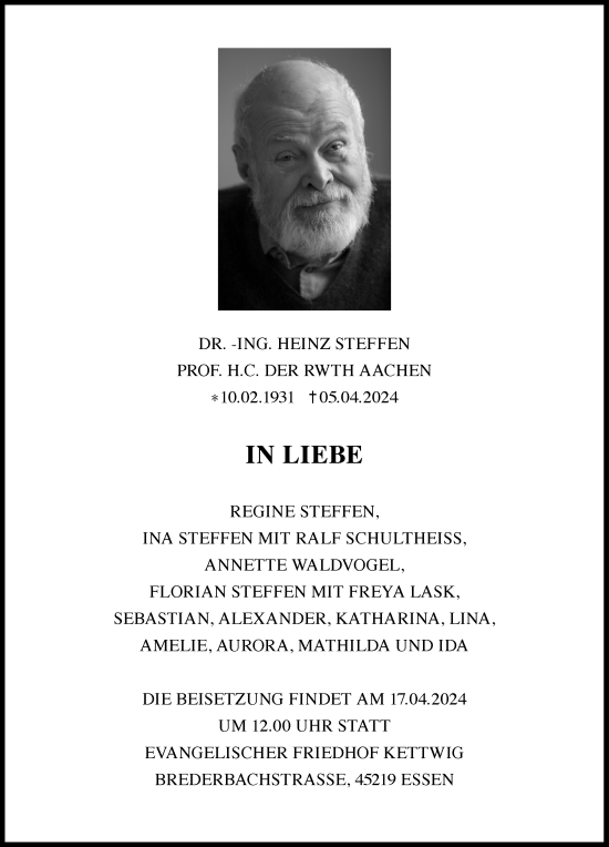 Traueranzeige von Dr.-Ing. Heinz Steffen von Tageszeitung