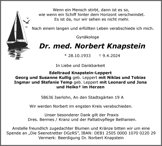 Traueranzeige von Dr.med. Norbert Knapstein von Tageszeitung
