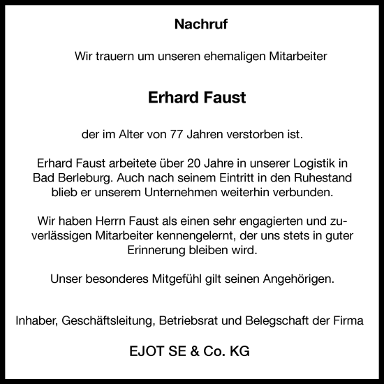 Traueranzeige von Erhard Faust von Tageszeitung