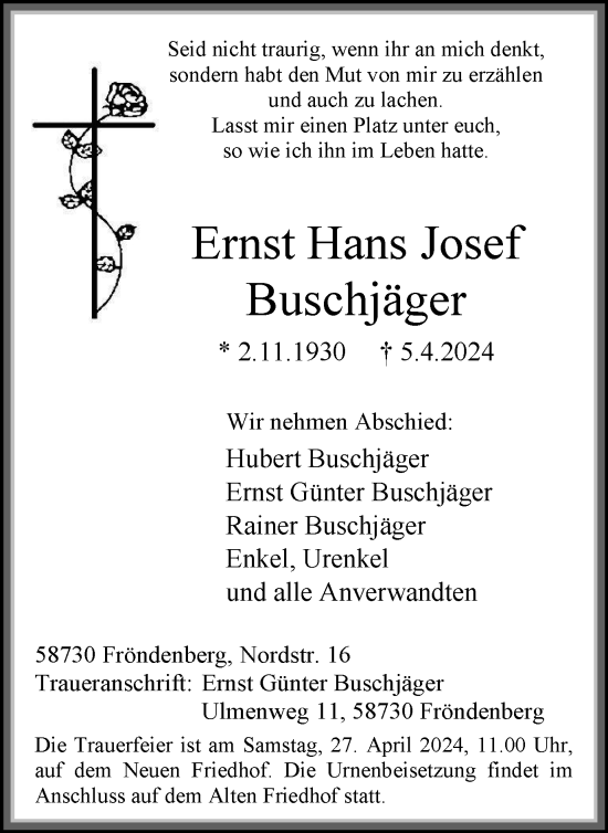 Traueranzeige von Ernst Hans Josef Buschjäger von Tageszeitung