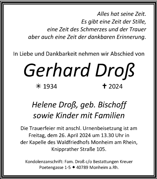 Traueranzeige von Gerhard Droß von Tageszeitung