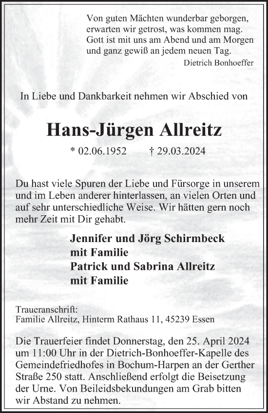 Traueranzeige von Hans-Jürgen Allreitz von Tageszeitung