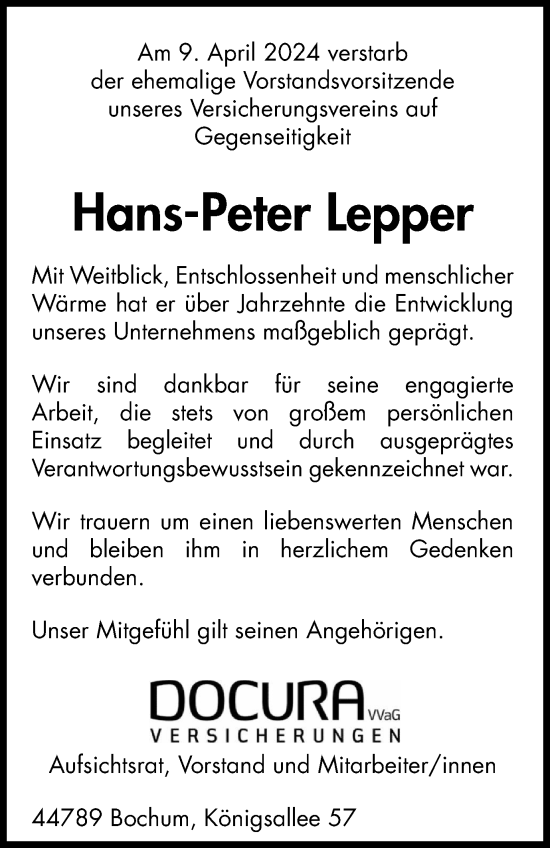 Traueranzeige von Hans-Peter Lepper von Tageszeitung