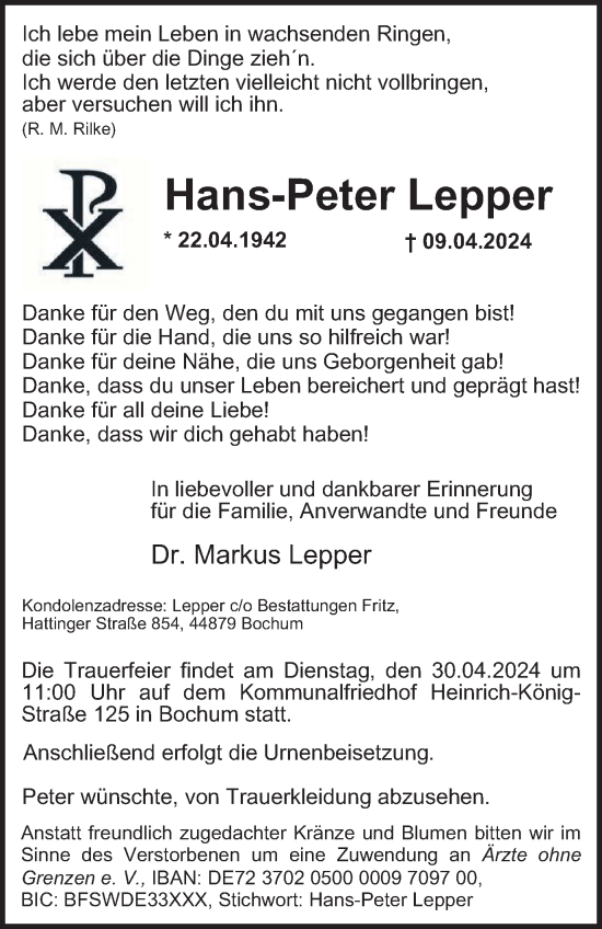 Traueranzeige von Hans-Peter Lepper von Tageszeitung
