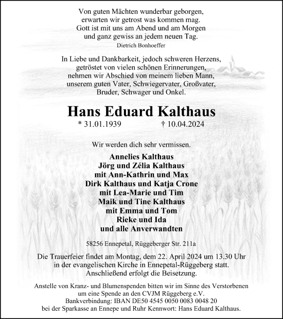 Traueranzeige von Hans Eduard Kalthaus von Tageszeitung