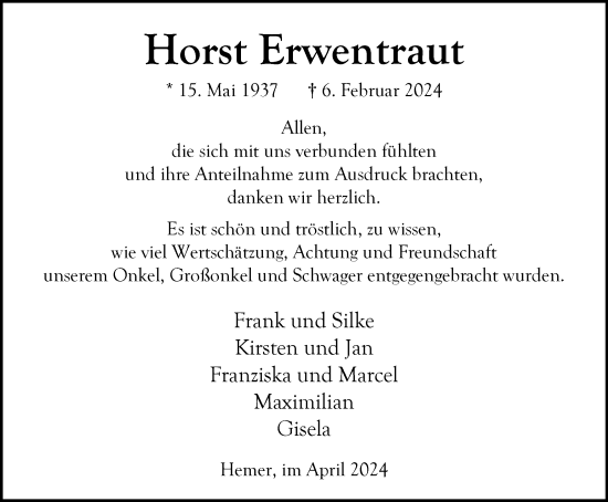 Traueranzeige von Horst Erwentraut von Tageszeitung