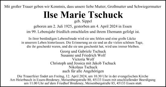 Traueranzeige von Ilse Marie Tschuck von Tageszeitung