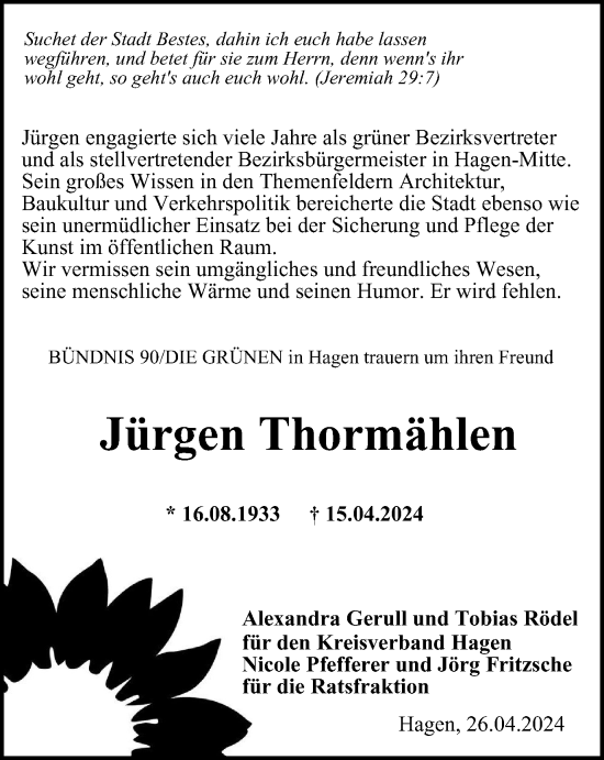 Traueranzeige von Jürgen Thormählen von Tageszeitung