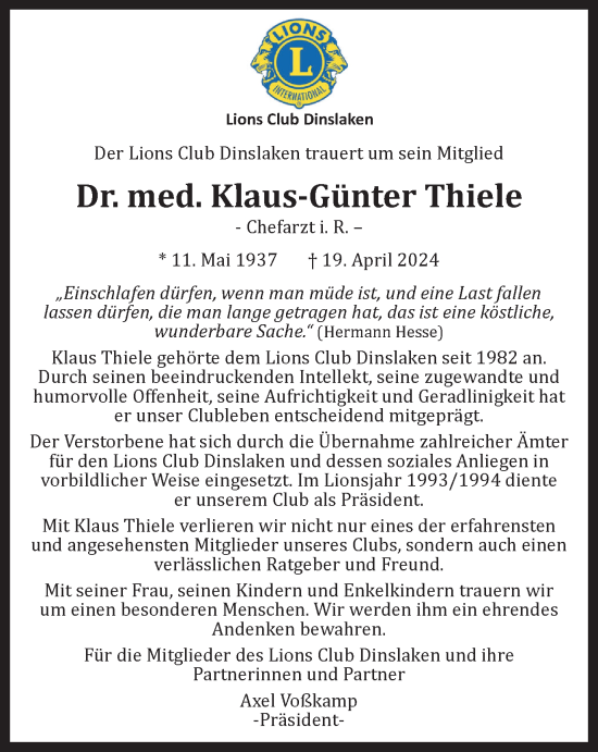 Traueranzeige von Klaus-Günter Thiele von Tageszeitung