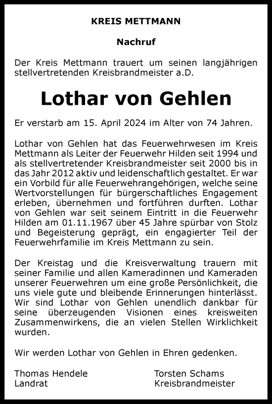 Traueranzeige von Lothar von Gehlen von Tageszeitung
