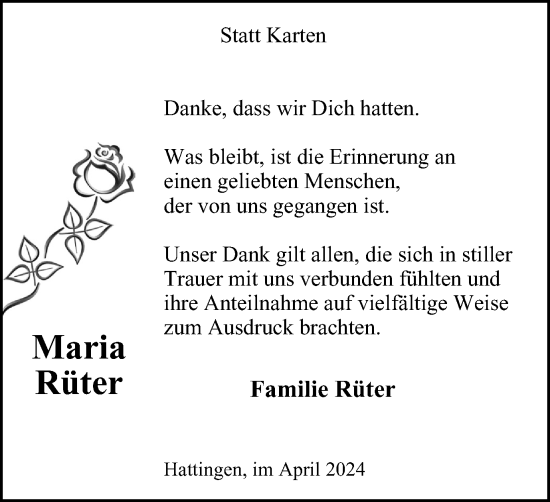 Traueranzeige von Maria Rüter von Tageszeitung