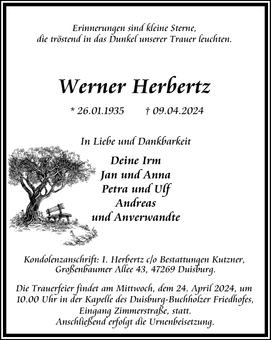 Traueranzeige von Werner Herbertz von Tageszeitung