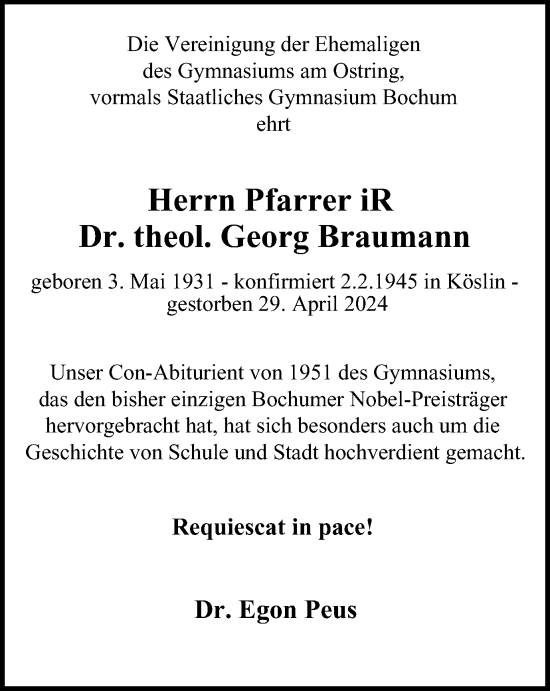 Traueranzeige von Dr. theol. Georg Braumann von Tageszeitung