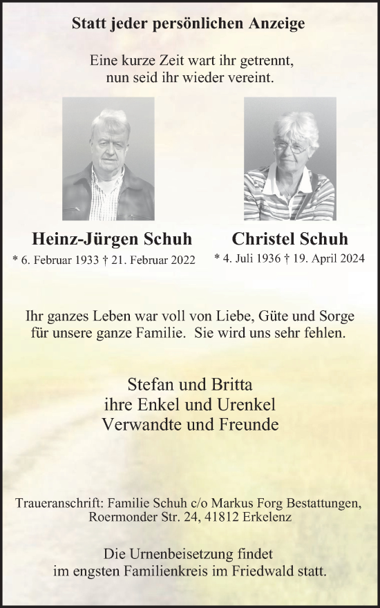 Traueranzeige von Heinz-Jürgen und Christel Schuh von Tageszeitung