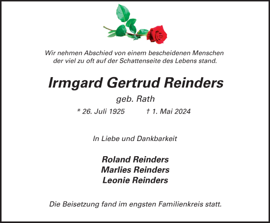Traueranzeige von Irmgard Gertrud Reinders von Tageszeitung
