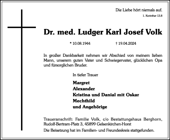 Traueranzeige von Ludger Karl Josef Volk von Tageszeitung