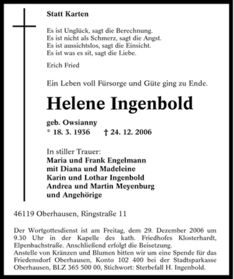  Traueranzeige für Helene Ingenbold vom 28.12.2006 aus Tageszeitung