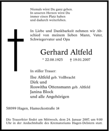 Traueranzeige von Gerhard Altfeld von WESTDEUTSCHE ALLGEMEINE ZEITUNG