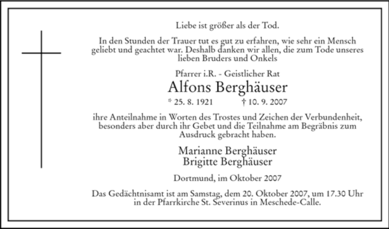  Traueranzeige für Alfons Berghäuser vom 13.10.2007 aus WESTDEUTSCHE ALLGEMEINE ZEITUNG
