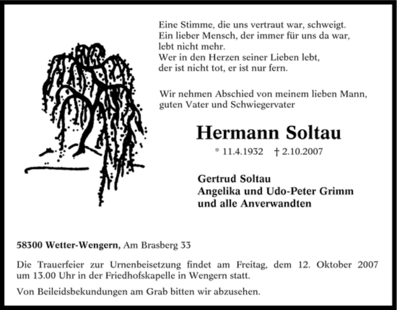  Traueranzeige für Hermann Soltau vom 08.10.2007 aus WESTDEUTSCHE ALLGEMEINE ZEITUNG