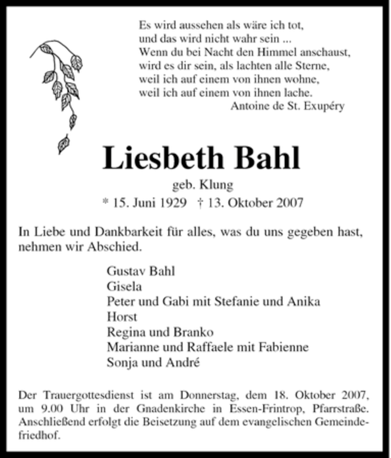  Traueranzeige für Liesbeth Bahl vom 16.10.2007 aus Tageszeitung