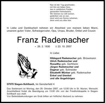 Traueranzeige von Franz Rademacher von Tageszeitung