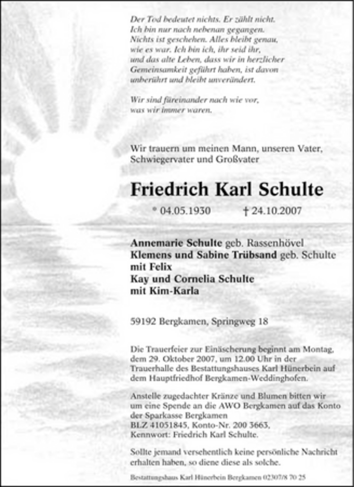  Traueranzeige für Friedrich Karl Schulte vom 26.10.2007 aus WESTDEUTSCHE ALLGEMEINE ZEITUNG