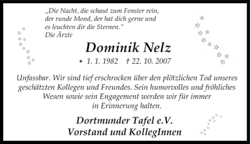  Traueranzeige für Dominik Nelz vom 27.10.2007 aus Tageszeitung