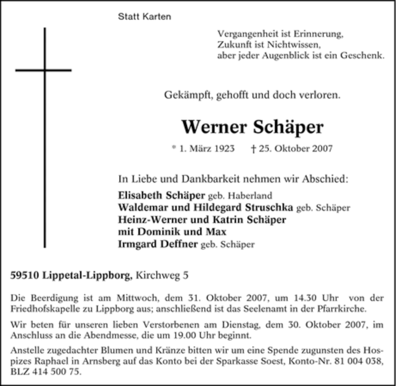  Traueranzeige für Werner Schäper vom 27.10.2007 aus WESTDEUTSCHE ALLGEMEINE ZEITUNG