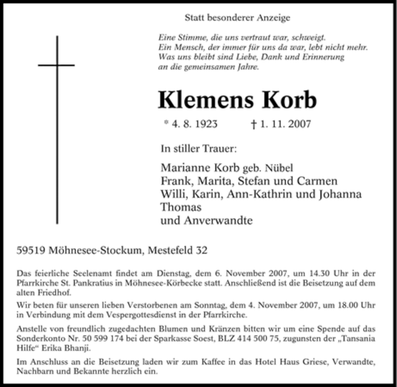  Traueranzeige für Klemens Korb vom 03.11.2007 aus WESTDEUTSCHE ALLGEMEINE ZEITUNG