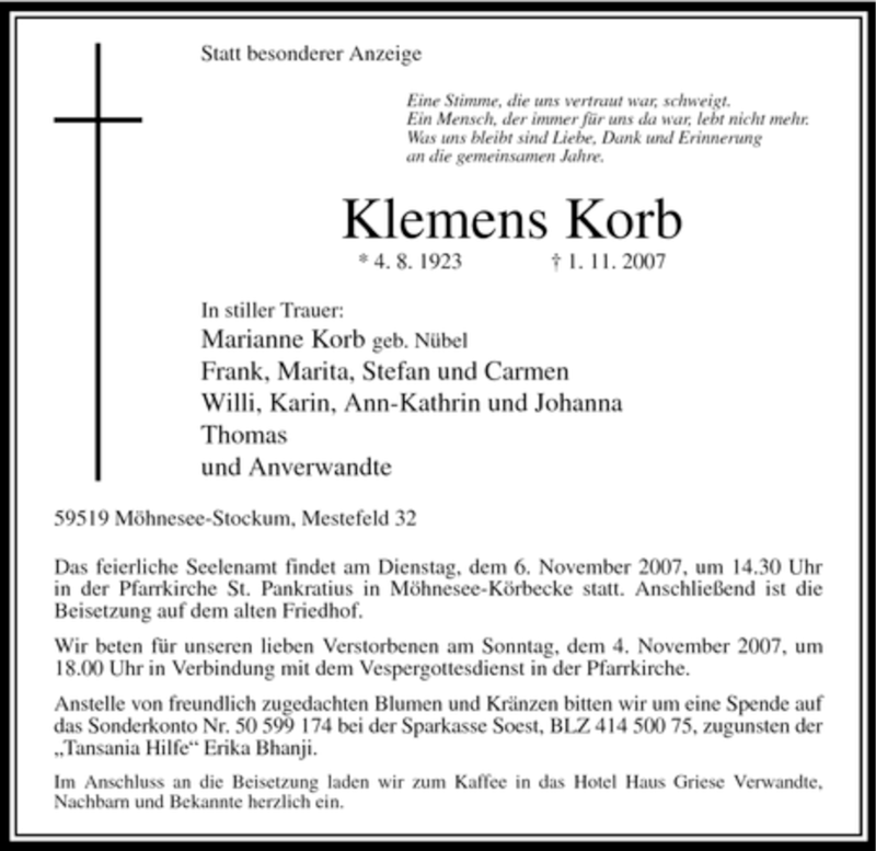  Traueranzeige für Klemens Korb vom 03.11.2007 aus WESTDEUTSCHE ALLGEMEINE ZEITUNG