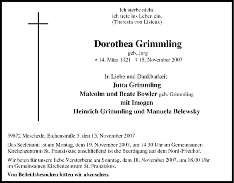  Traueranzeige für Dorothea Grimmling vom 16.11.2007 aus Tageszeitung