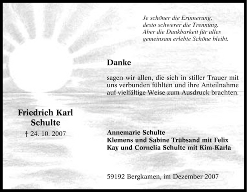  Traueranzeige für Friedrich Karl Schulte vom 01.12.2007 aus WESTDEUTSCHE ALLGEMEINE ZEITUNG
