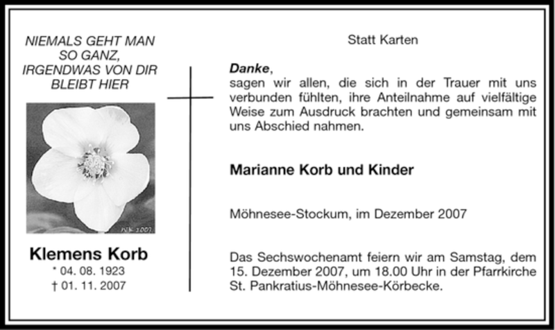  Traueranzeige für Klemens Korb vom 01.12.2007 aus WESTDEUTSCHE ALLGEMEINE ZEITUNG