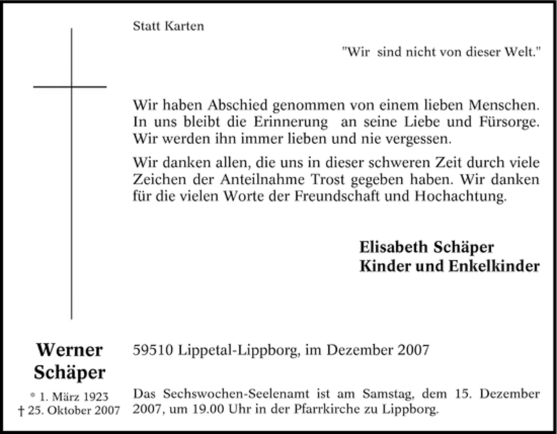  Traueranzeige für Werner Schäper vom 08.12.2007 aus WESTDEUTSCHE ALLGEMEINE ZEITUNG