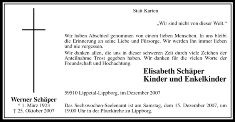  Traueranzeige für Werner Schäper vom 08.12.2007 aus WESTDEUTSCHE ALLGEMEINE ZEITUNG