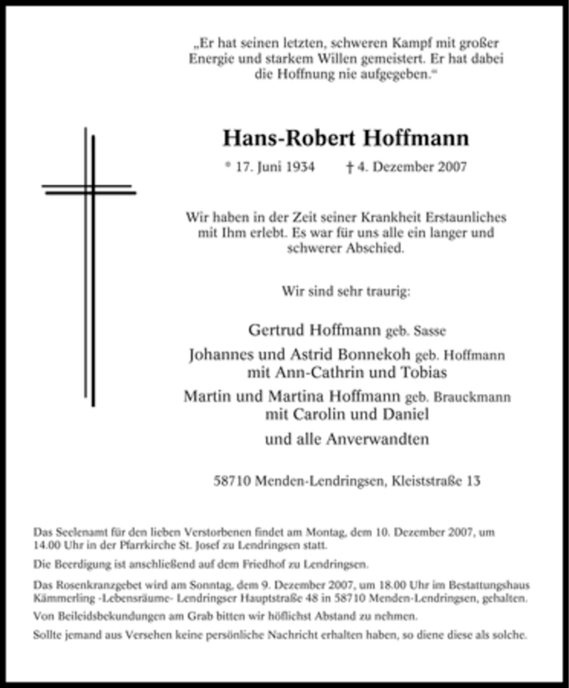  Traueranzeige für Hans-Robert Hoffmann vom 06.12.2007 aus WESTDEUTSCHE ALLGEMEINE ZEITUNG