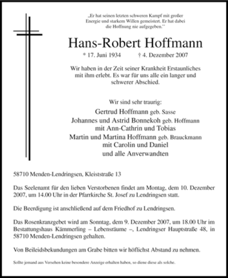  Traueranzeige für Hans-Robert Hoffmann vom 06.12.2007 aus WESTDEUTSCHE ALLGEMEINE ZEITUNG