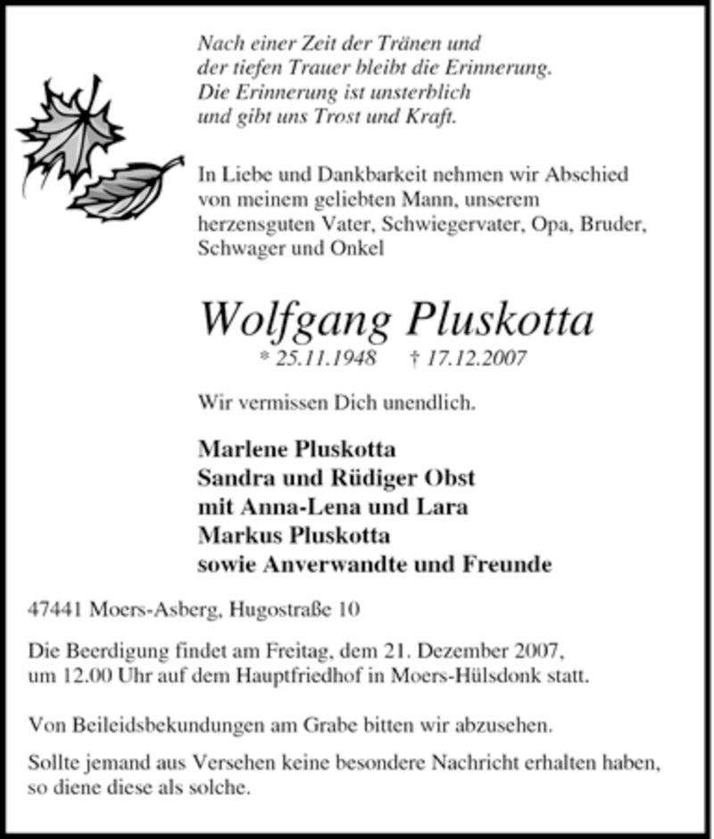  Traueranzeige für Wolfgang Pluskotta vom 19.12.2007 aus WESTDEUTSCHE ALLGEMEINE ZEITUNG