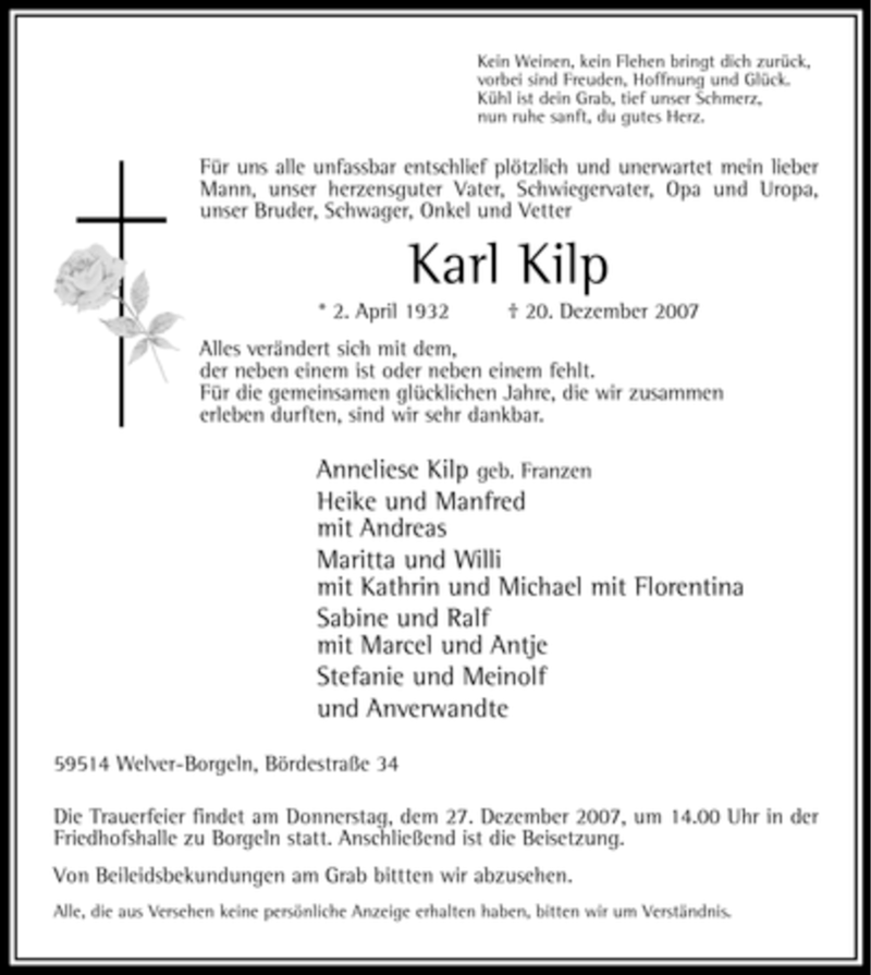 Traueranzeige für Karl Kilp vom 22.12.2007 aus WESTDEUTSCHE ALLGEMEINE ZEITUNG