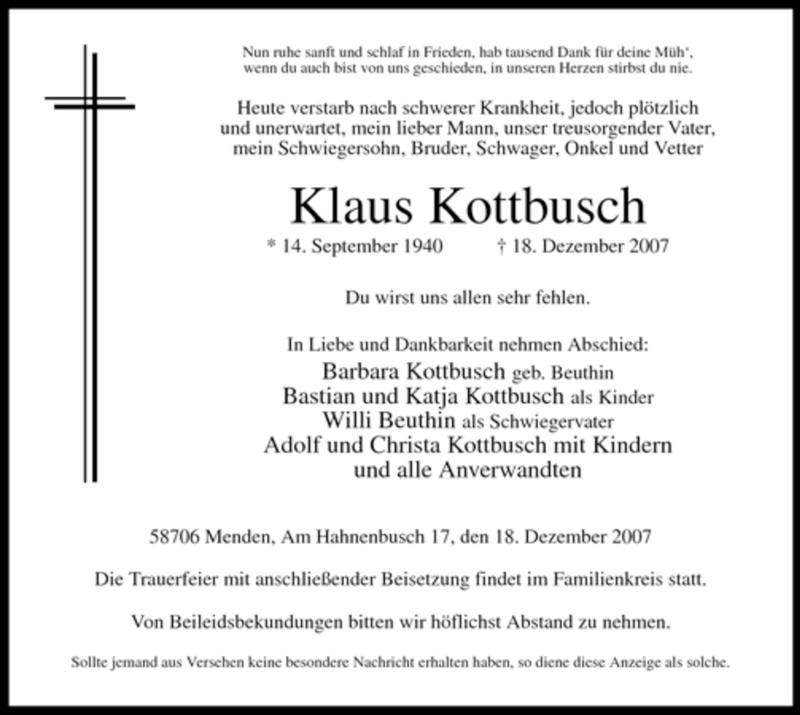  Traueranzeige für Klaus Kottbusch vom 22.12.2007 aus WESTDEUTSCHE ALLGEMEINE ZEITUNG