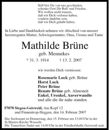 Traueranzeige von Mathilde Brüne von Tageszeitung