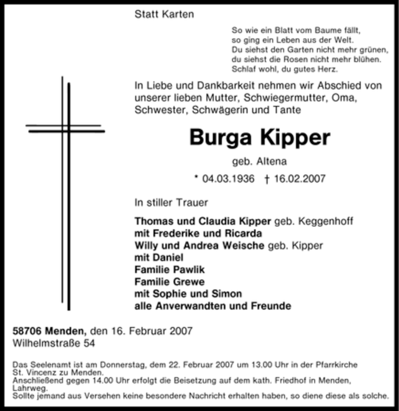  Traueranzeige für Burga Kipper vom 17.02.2007 aus Tageszeitung