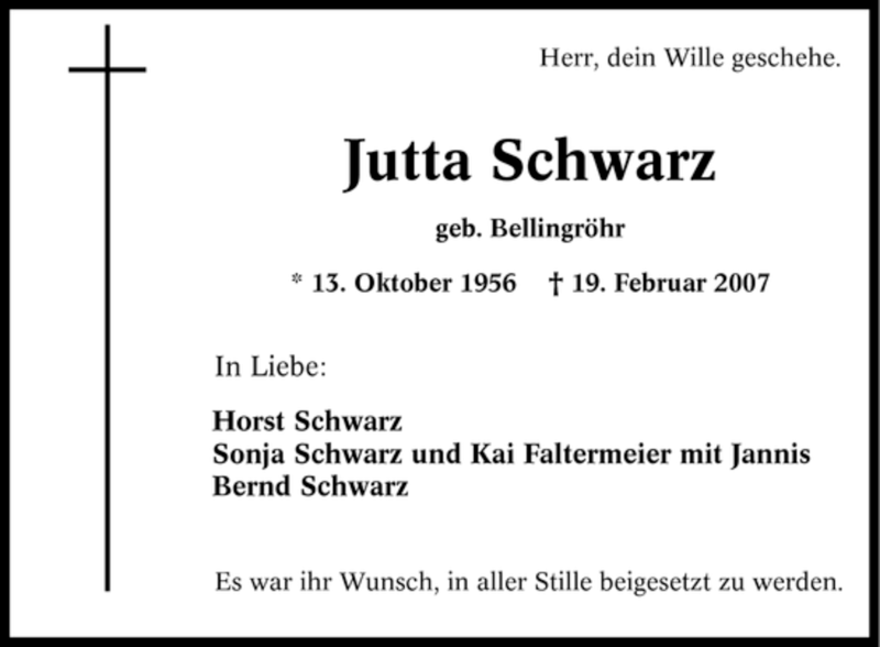 Traueranzeige für Jutta Schwarz vom 24.02.2007 aus Tageszeitung