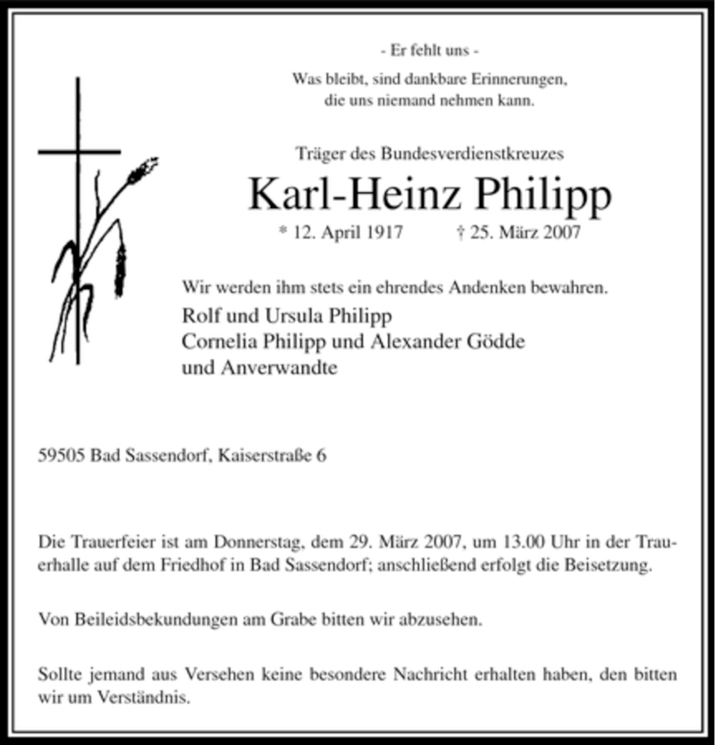  Traueranzeige für Karl-Heinz Philipp vom 26.03.2007 aus Tageszeitung
