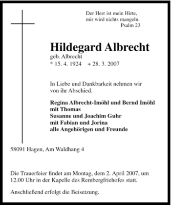 Traueranzeige von Hildegard Albrecht von Tageszeitung